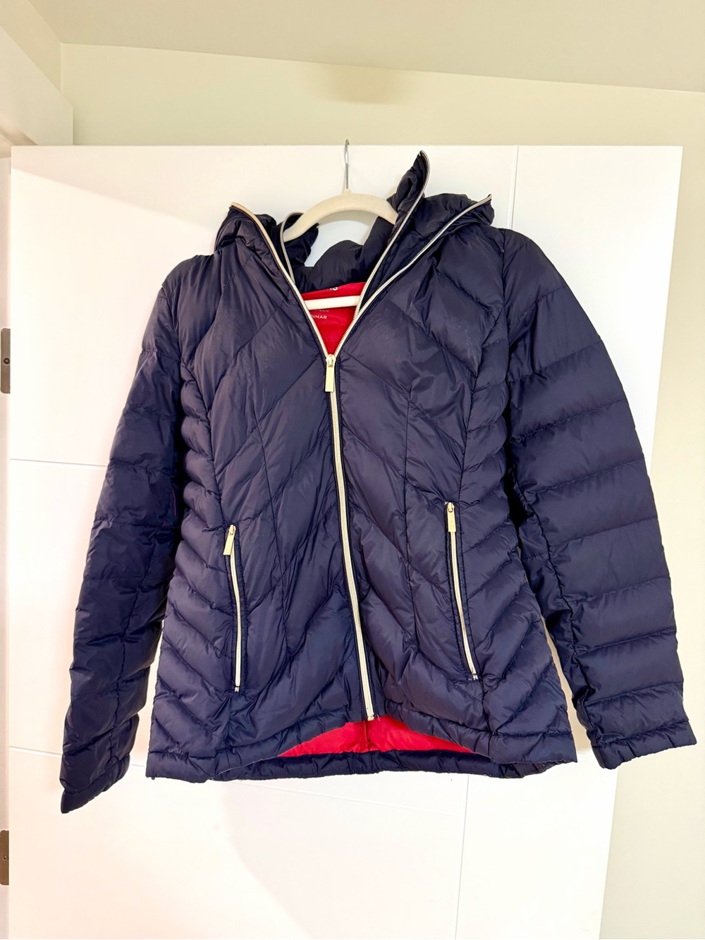 Michael Kors Women's Navy Packable Down Fill Puffer Jacket with Red Lining